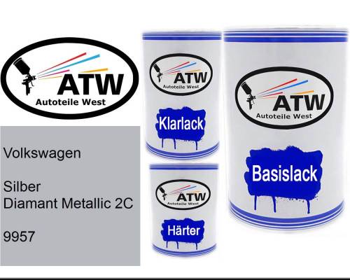 Volkswagen, Silber Diamant Metallic 2C, 9957: 500ml Lackdose + 500ml Klarlack + 250ml Härter - Set, von ATW Autoteile West.